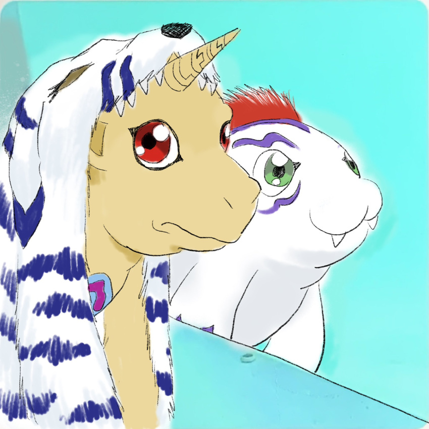 1:1 :3 animal_skin anthro bandai_namco cute_fangs digimon digimon_(species) duo fur gabumon gomamon green_eyes hair hi_res horn humor kokofuyu148655 male red_eyes red_hair smile striped_body striped_fur stripes white_body white_fur yellow_body