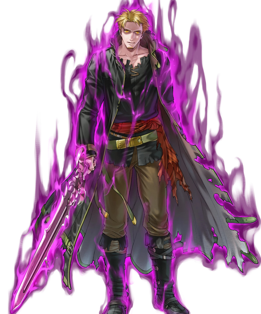 1boy aura blonde_hair dark_aura fire_emblem fire_emblem:_the_blazing_blade fire_emblem_heroes highres holding holding_sword holding_weapon lloyd_(fire_emblem) long_coat looking_at_viewer non-web_source official_alternate_eye_color official_art solo soul_patch sword tachi-e torn_clothes undead weapon yellow_eyes