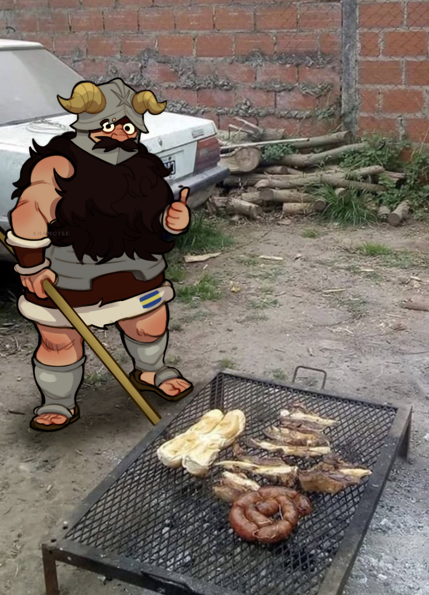 1boy beard blurry cooking depth_of_field dungeon_meshi dwarf expressionless facial_hair fake_horns food full_body grill grilling helmet highres holding holding_tongs horned_helmet horns khamoise long_beard looking_at_viewer male_focus muscular muscular_male parody_request photo_background senshi_(dungeon_meshi) solo standing thick_mustache thumbs_up tongs very_long_beard