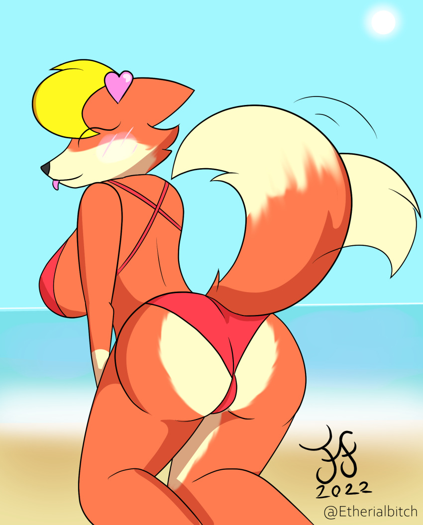 &lt;3 animal_crossing anthro audie_(animal_crossing) beach bikini blep blush blush_lines butt canid canine canis clothing etherial_bitch female heartpin hi_res mammal nintendo profanity seaside solo swimwear tongue tongue_out video_games wolf