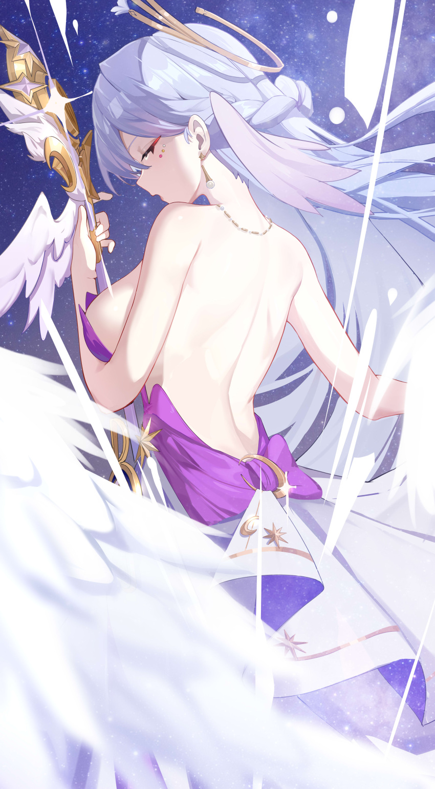 1girl absurdres angel_wings back backless_dress backless_outfit bare_back bare_shoulders bow breasts closed_eyes commentary_request cowboy_shot crescent dress earrings facing_down freeeeeeeeeee glint half_updo halo head_wings highres holding holding_microphone_stand honkai:_star_rail honkai_(series) jewel_under_eye jewelry large_breasts long_hair microphone_stand music open_mouth profile purple_bow robin_(honkai:_star_rail) sideboob singing sleeveless sleeveless_dress solo star_(symbol) very_long_hair white_dress wings