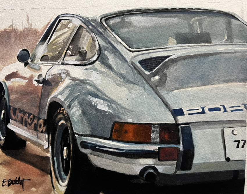 absurdres bad_id bad_reddit_id butcherbirdart car english_commentary from_behind highres motor_vehicle no_humans original painting_(medium) porsche porsche_911 porsche_911_(classic) signature sports_car traditional_media vehicle_focus white_car