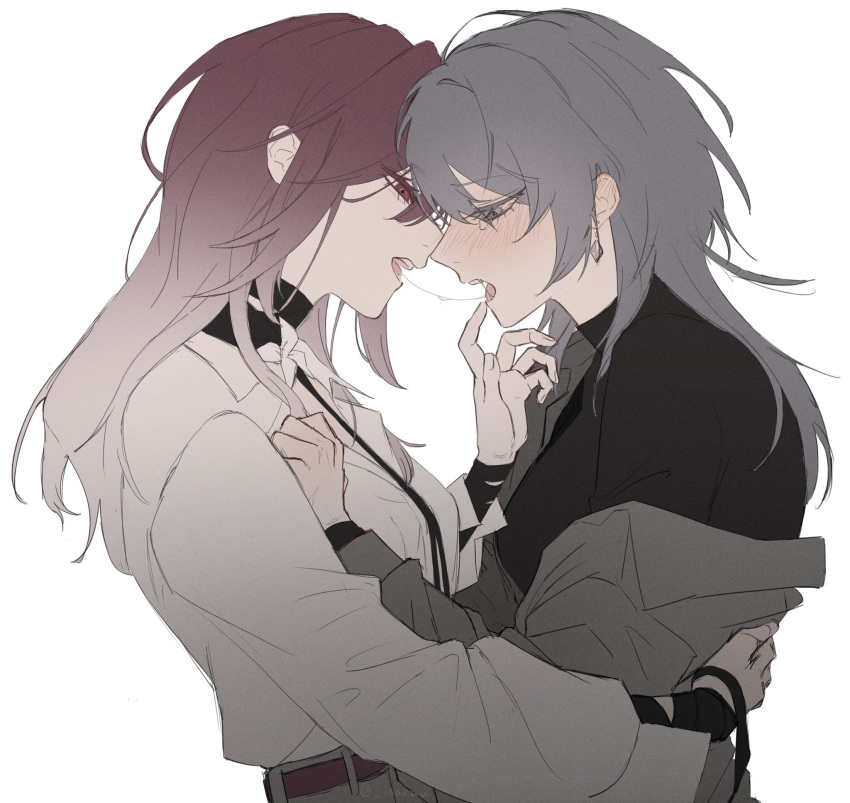 2girls after_kiss black_choker black_shirt blush chief_(path_to_nowhere) choker commentary_request earrings female_chief_(path_to_nowhere) flower gradient_hair grey_eyes grey_hair grey_shirt hand_on_another's_back hand_on_another's_chest hand_on_another's_face highres isakuu jewelry long_hair multicolored_hair multiple_girls off_shoulder open_mouth path_to_nowhere purple_hair red_eyes saliva saliva_trail shalom_(path_to_nowhere) shirt simple_background tears upper_body white_background white_flower white_hair white_shirt yuri