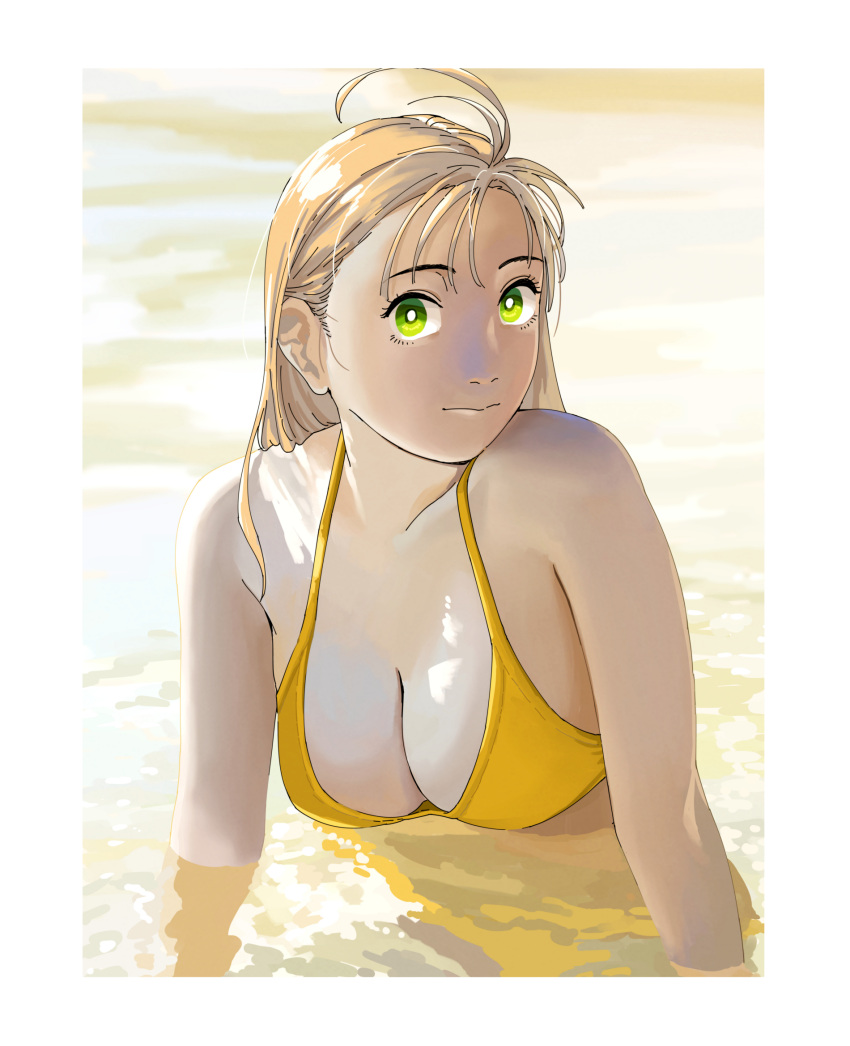 1girl ahoge bare_shoulders bikini border breasts cleavage closed_mouth commentary_request green_eyes highres kantai_collection kinugasa_(kancolle) large_breasts long_hair looking_at_viewer ocean ojipon outdoors partially_submerged pink_hair solo swimsuit upper_body water white_border yellow_bikini