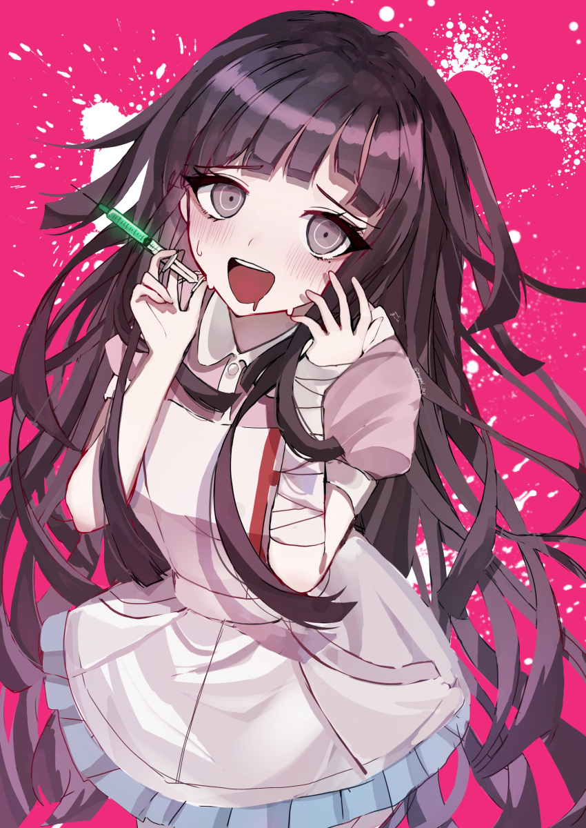 1girl :d absurdres apron bandaged_arm bandages black_hair blush collared_shirt danganronpa_(series) danganronpa_2:_goodbye_despair drooling grey_apron heart highres holding holding_syringe long_hair messy_hair miniskirt pink_background pink_shirt pleated_skirt puffy_short_sleeves puffy_sleeves shion_343 shirt short_sleeves skirt smile solo sweat syringe teeth tsumiki_mikan two-tone_shirt upper_teeth_only white_shirt