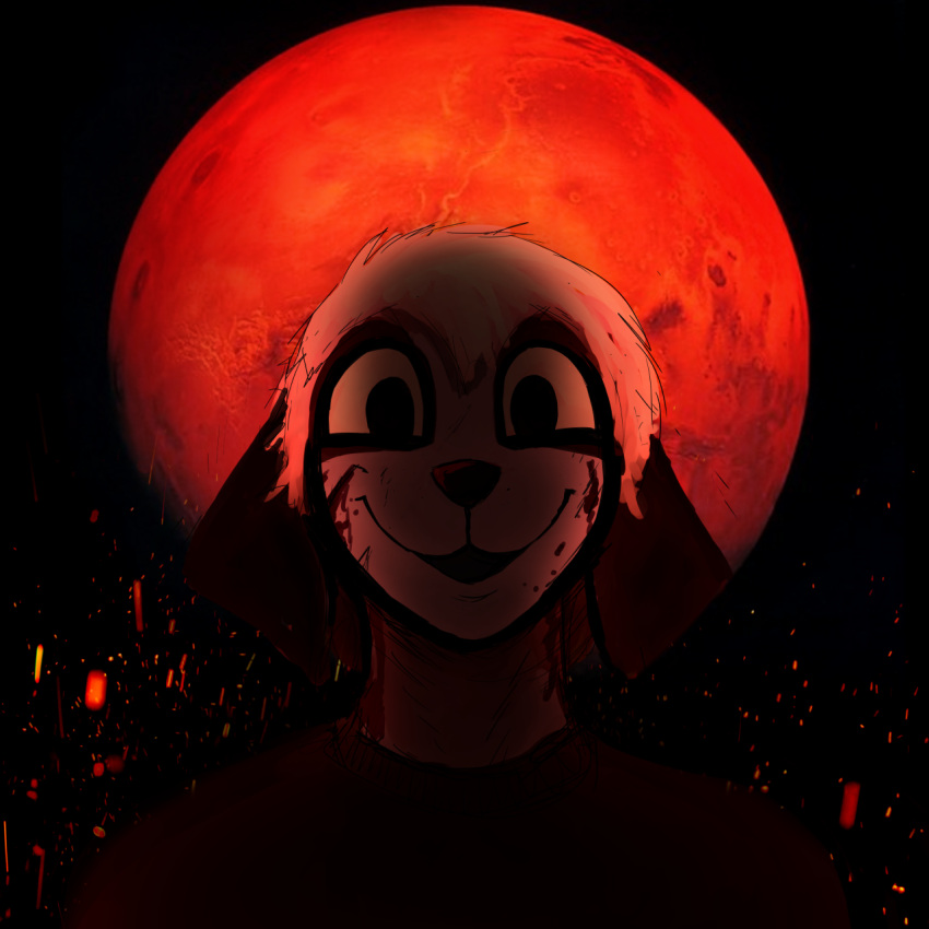 2020 anthro blood blood_splatter bloodmoon bodily_fluids canid canine canis domestic_dog female grin headshot_portrait hi_res hladilnik looking_at_viewer mammal moon portrait samantha_thott smile solo