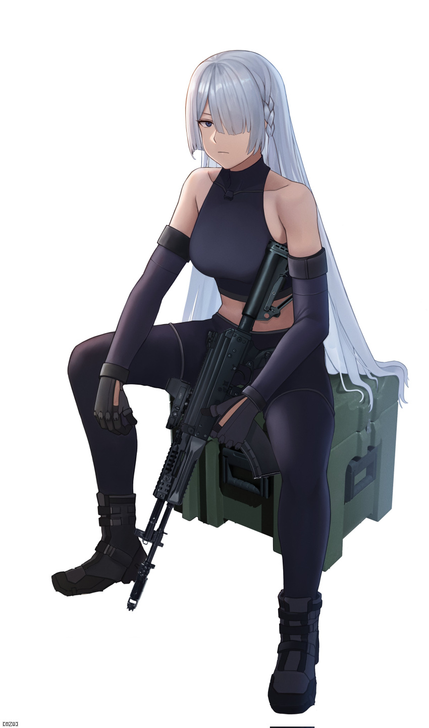 1girl absurdres ak-15 ak-15_(girls'_frontline) assault_rifle black_footwear black_gloves black_pants boots breasts closed_mouth cozie178 crate expressionless full_body girls'_frontline gloves grey_hair gun hair_over_one_eye highres holding holding_gun holding_weapon kalashnikov_rifle long_hair looking_at_viewer pants purple_eyes rifle simple_background sitting solo weapon white_background