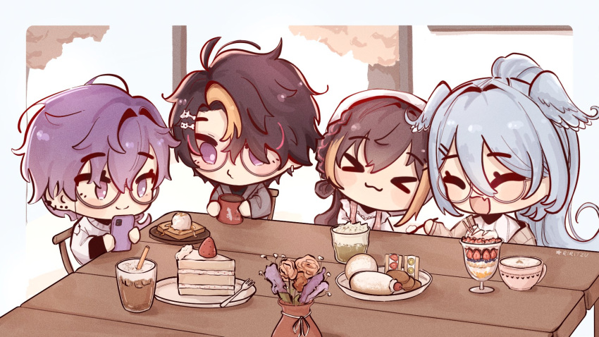 &gt;_&lt; 2boys 2girls :3 :d black_hair blue_hair blush braid cake cellphone chibi closed_eyes cup earrings elira_pendora elira_pendora_(3rd_costume) fang flower food fork glasses hair_between_eyes head_wings high_ponytail highres holding holding_cup jewelry latte_art long_hair macaron multicolored_hair multiple_boys multiple_girls nijisanji nijisanji_en open_mouth petra_gurin petra_gurin_(3rd_costume) phone purple_eyes purple_hair pursed_lips ri_(riritzu) sandwich short_hair shu_yamino signature skin_fang smartphone smile strawberry_parfait streaked_hair uki_violeta vase virtual_youtuber wings x3