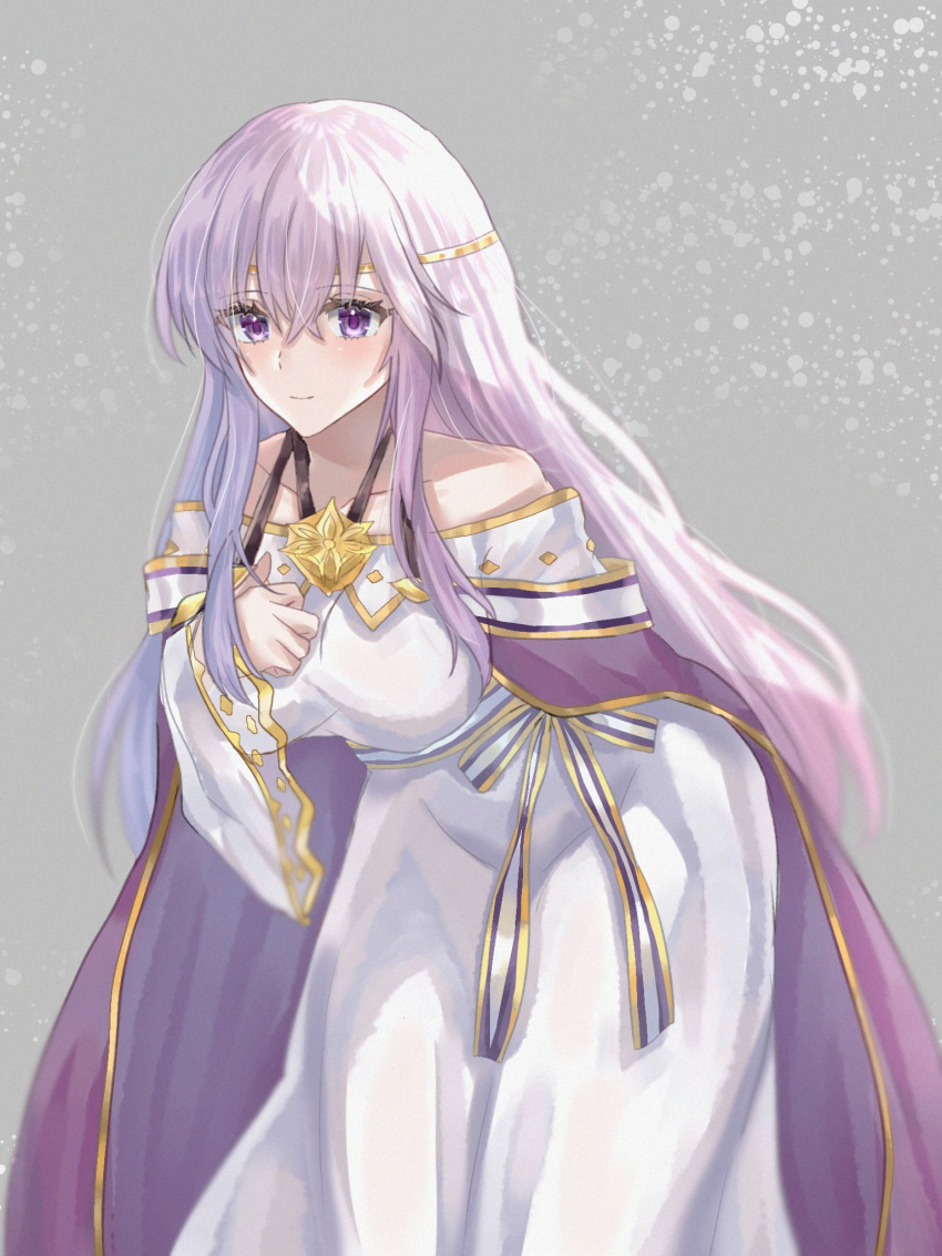 1girl breasts circlet dress fire_emblem fire_emblem:_genealogy_of_the_holy_war highres julia_(fire_emblem) leaning_forward long_hair looking_at_viewer purple_eyes purple_hair sash simple_background smile solo tnomenko wide_sleeves