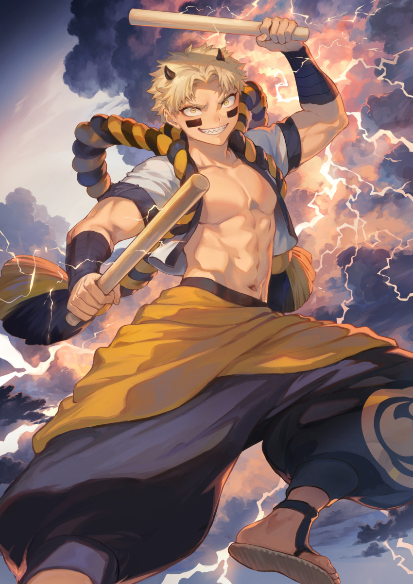 1boy black_horns black_pants blonde_hair drumsticks electricity facial_tattoo foot_out_of_frame highres holding holding_drumsticks horns jacket male_focus mashuu_(neko_no_oyashiro) muscular no_shirt original pants raijin_(mythology) sharp_teeth solo tattoo teeth thunder white_jacket