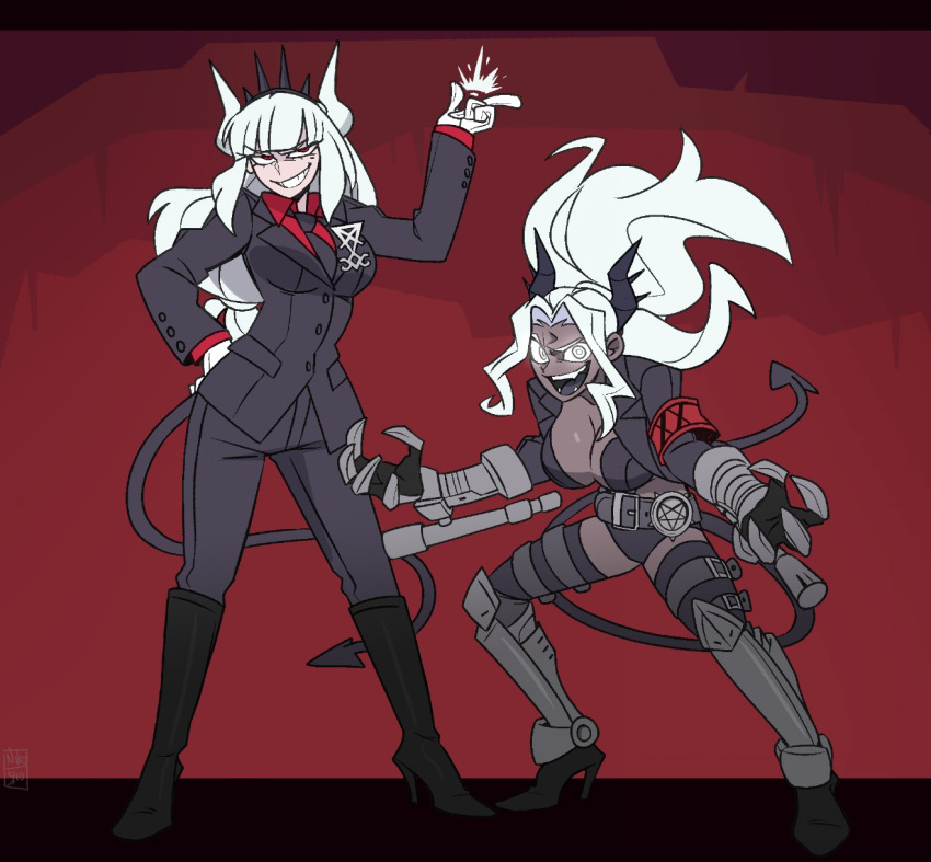 2girls arm_up armband black_horns black_necktie black_suit boots breasts business_suit clawed_gauntlets claws dark_skin demon_horns demon_tail evil_grin evil_smile gauntlets gloves grin hand_on_own_hip helltaker high_heel_boots high_heels highres horns inverted_pentagram jacket judgement_(helltaker) kamuify large_breasts long_hair looking_at_viewer lucifer_(helltaker) multiple_girls necktie pentagram red_armband red_background red_eyes red_undershirt smile suit suit_jacket tail thigh_strap white_eyes white_gloves white_hair white_horns