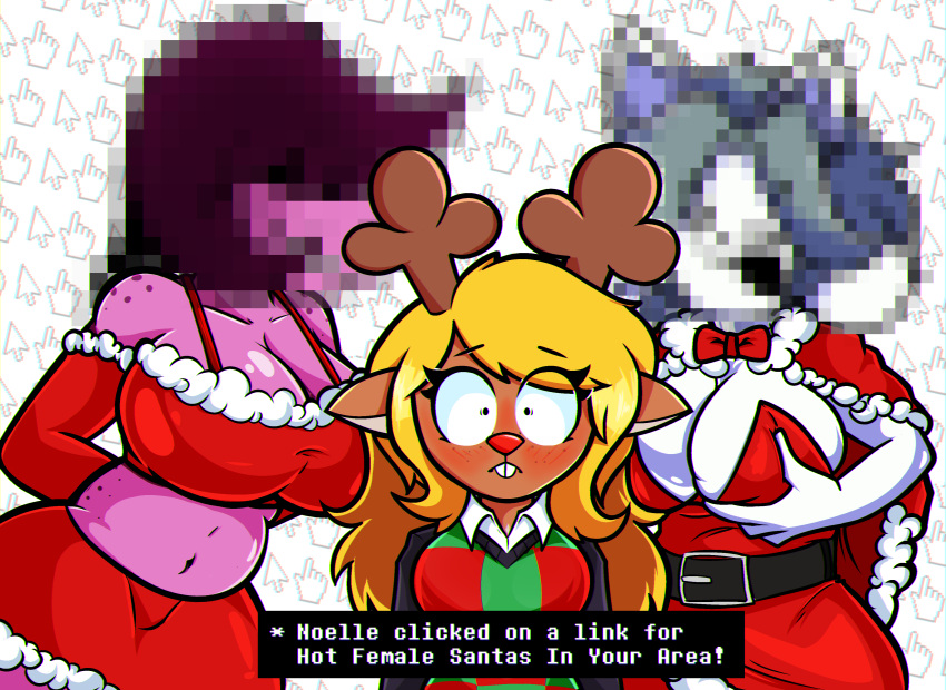 2024 absurd_res big_breasts blurred_character breast_grab breasts clothing costume curvy_figure deer deltarune digital_drawing_(artwork) digital_media_(artwork) embarrassed female female/female group hand_on_breast hi_res horn huge_breasts lizard mammal meme new_world_deer noelle_holiday nuggnogg reindeer reptile santa_costume santa_dress scalie shy slightly_chubby solo suggestive susie_(deltarune) tem temmie_(undertale) trio undertale undertale_(series) voluptuous