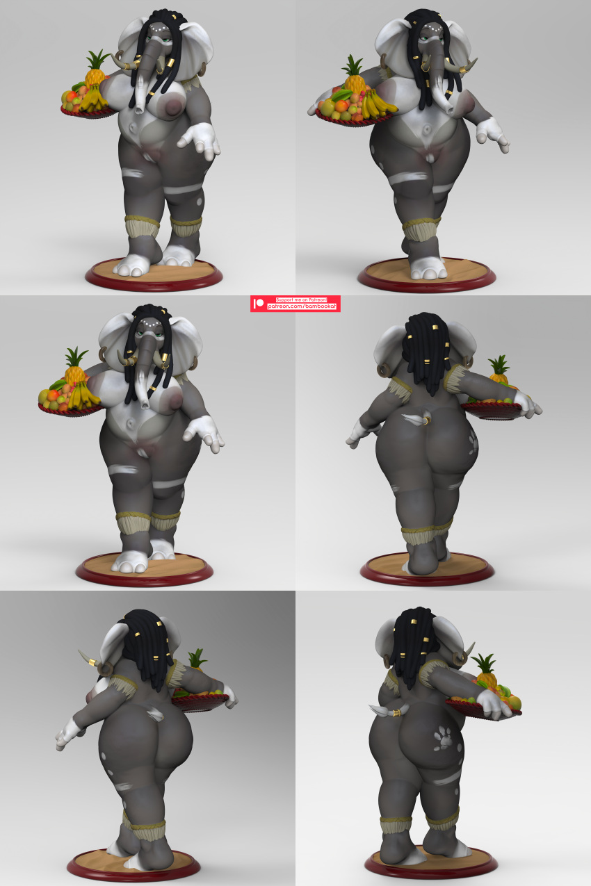 2:3 absurd_res anthro bambookat big_breasts big_butt breasts butt dreadlocks elephant elephantid female food fruit hi_res mammal plant platter proboscidean solo thick_thighs tusks wide_hips