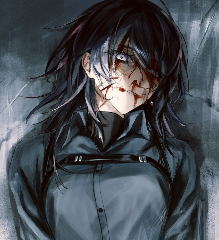 1girl black_hair black_shirt blood blood_from_mouth blood_on_face chest_strap chief_(path_to_nowhere) collared_shirt commentary_request female_chief_(path_to_nowhere) grey_eyes highres isakuu long_hair looking_at_viewer nosebleed parted_lips path_to_nowhere shirt solo upper_body