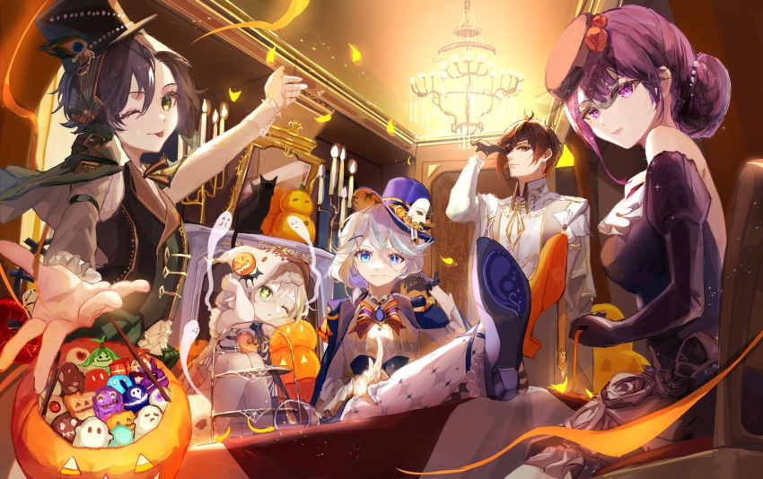 2boys 3girls ;p alternate_costume alternate_hairstyle arm_up black_hair blouse blue_eyes blue_hair brown_hair cape capelet cat ceiling ceiling_light chair closed_mouth cross-shaped_pupils crossed_legs dress drop-shaped_pupils elbow_gloves eyepatch fisheye furina_(genshin_impact) fusyo_fuka genshin_impact ghost gloves green_eyes green_hair grey_hair hair_between_eyes halloween halloween_costume hat heterochromia highres holding hood hood_up hooded_cape indoors jack-o'-lantern jacket jacket_on_shoulders lips long_sleeves looking_at_viewer mismatched_pupils multicolored_hair multiple_boys multiple_girls nahida_(genshin_impact) on_chair one_eye_closed one_eye_covered outstretched_arms outstretched_legs parted_lips purple_eyes purple_hair raiden_shogun shirt shoe_soles shoes short_hair sitting smile standing strapless strapless_dress symbol-shaped_pupils table tongue tongue_out top_hat two-tone_hair venti_(genshin_impact) zhongli_(genshin_impact)
