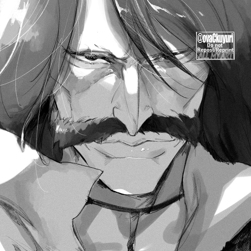 1boy black_hair bleach bleach:_sennen_kessen-hen close-up closed_mouth commentary_request eyelashes facial_hair hair_between_eyes highres lips looking_at_viewer male_focus monochrome mustache no_eyebrows nose old old_man ovasayuri solo straight-on sunken_cheeks twitter_username yhwach