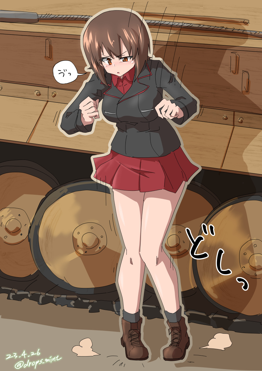 1girl absurdres ankle_boots black_footwear black_jacket black_socks boots brown_eyes brown_hair dated dress_shirt drops_mint frown girls_und_panzer half-closed_eye highres jacket jumping kuromorimine_military_uniform landing long_sleeves looking_down military_uniform military_vehicle miniskirt motion_lines motor_vehicle nishizumi_maho notice_lines open_mouth pleated_skirt red_shirt red_skirt shirt short_hair skirt socks solo tank translated twitter_username uniform wince wing_collar