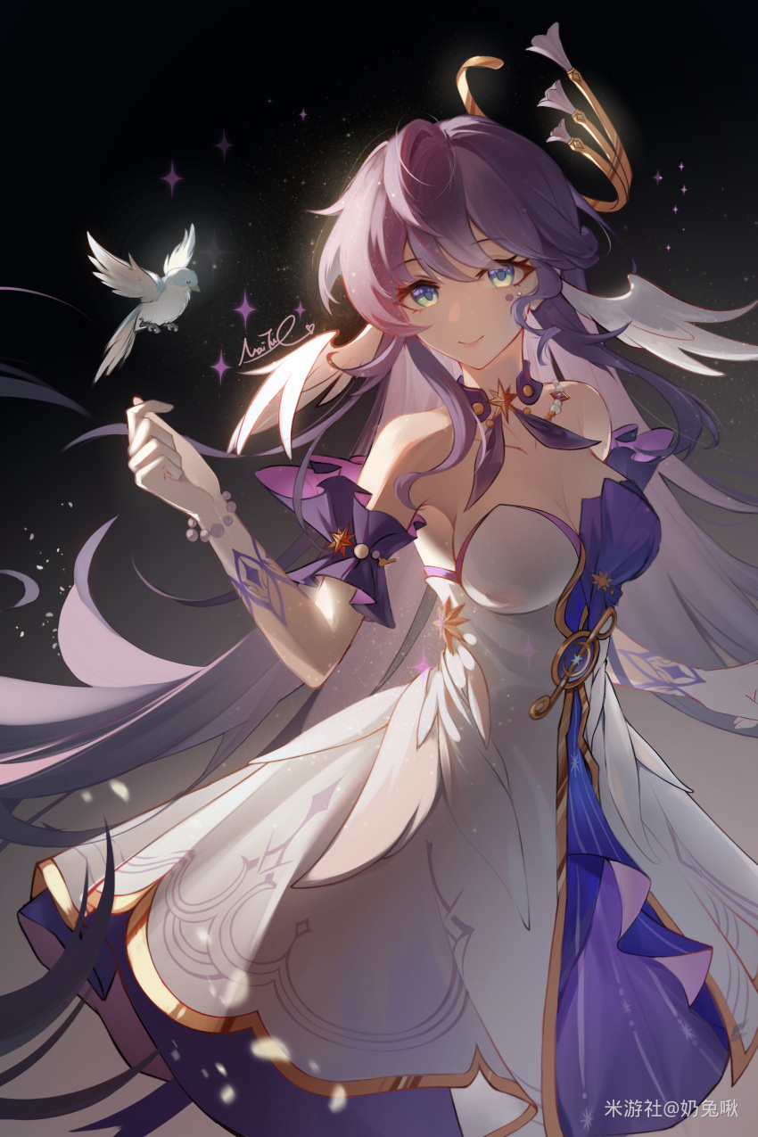 1girl absurdres aqua_eyes bare_shoulders bead_bracelet beads bird bracelet breasts cleavage closed_mouth detached_sleeves dress facial_mark floating_hair gloves hair_between_eyes halo hand_up head_wings highres honkai:_star_rail honkai_(series) jewelry long_hair looking_at_viewer naitujiu purple_dress purple_hair robin_(honkai:_star_rail) short_sleeves smile solo standing two-tone_dress white_dress white_gloves white_wings wings