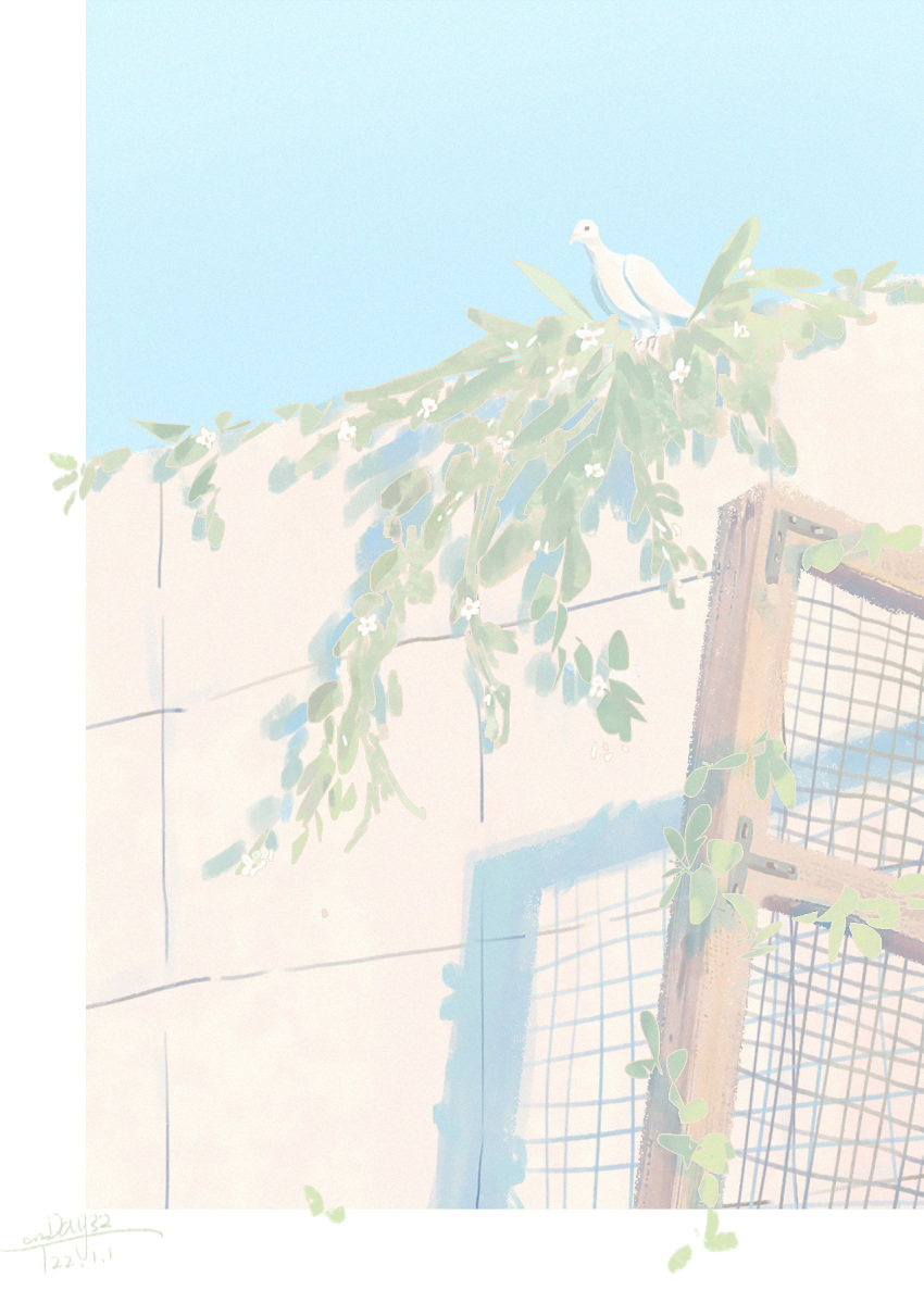 animal_focus bird blue_sky border chinese_commentary commentary_request dated day dove flower highres leaf no_humans open_door original outdoors outside_border overgrown plant sanshui_guantang shadow signature sky tile_wall tiles vines white_border white_flower