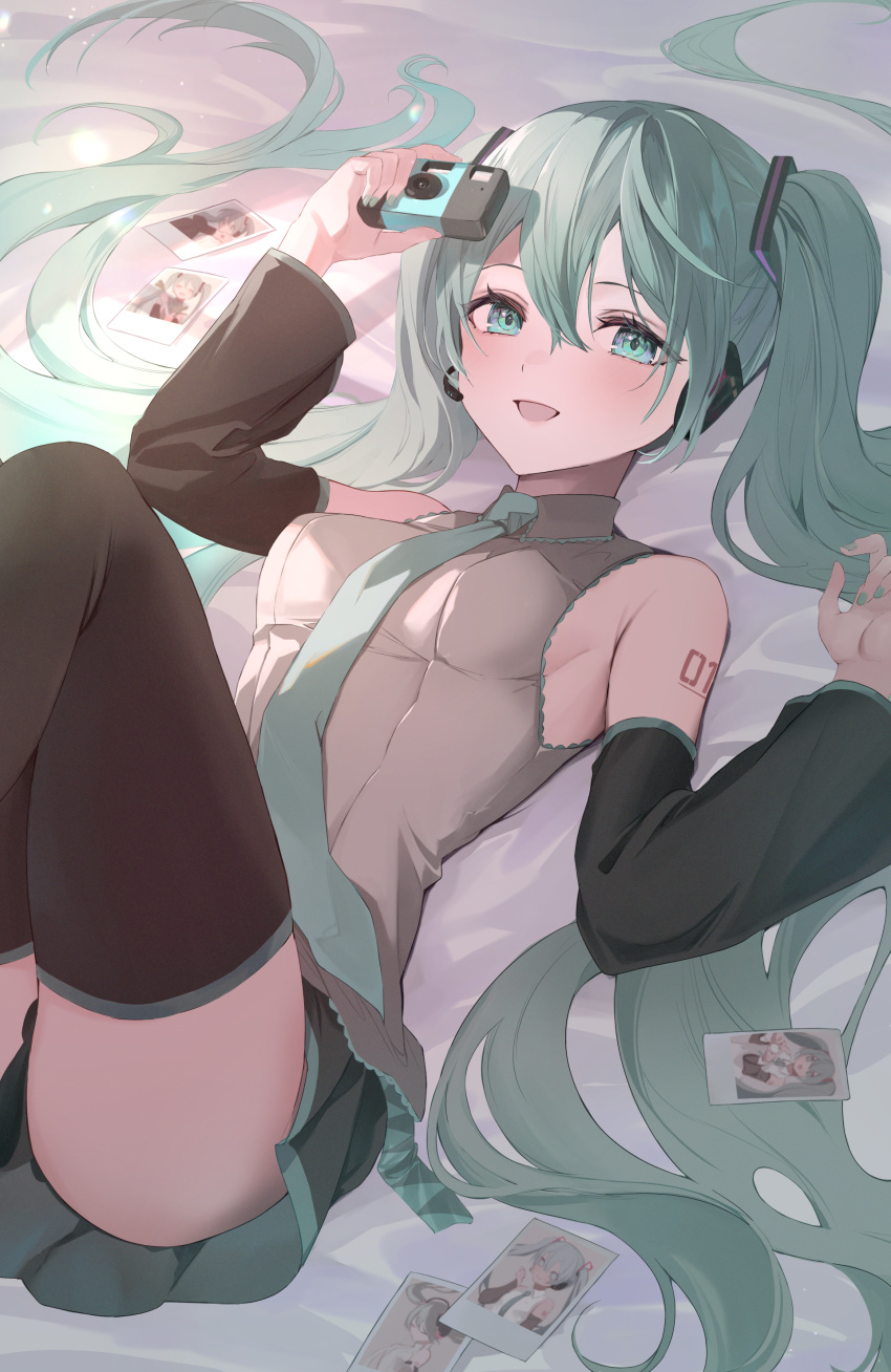 1girl absurdres aqua_eyes aqua_hair aqua_nails aqua_necktie arm_up bare_shoulders bed_sheet black_sleeves black_thighhighs breasts camera commentary_request detached_sleeves feet_out_of_frame hatsune_miku headset highres holding holding_camera knees_up long_hair looking_at_viewer lying medium_breasts menomanome necktie number_tattoo on_back on_bed open_mouth photo_(object) pleated_skirt shirt shoulder_tattoo skirt solo tattoo thighhighs thighs twintails very_long_hair vocaloid white_shirt