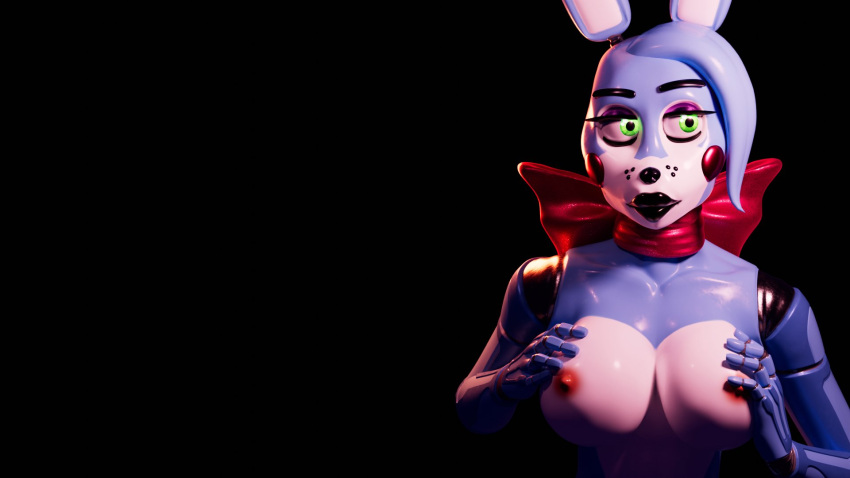 3d_(artwork) 5_fingers animatronic anthro atherenders black_nose blue_body blue_hair bow_tie breasts cheek_dots digital_media_(artwork) eyelashes female fingers five_nights_at_freddy's green_eyes hair hand_on_breast hi_res humanoid lagomorph leporid lips machine mammal nipples rabbit robot robot_anthro robot_humanoid robotic robotic_arm robotic_hands scottgames solo thick_lips toy_bonnie_(psychojohn2)