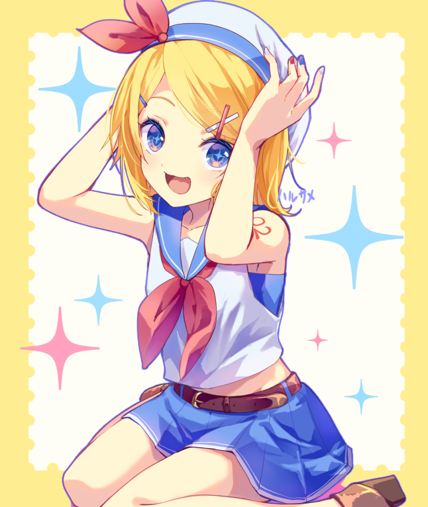 +_+ 1girl :3 belt blonde_hair blue_eyes bow crop_top fang hair_ornament hairclip hands_up harusamesyota hat hat_bow high_heels highres kagamine_rin looking_at_viewer midriff multicolored_nails nail_polish neckerchief open_mouth sailor_collar shirt sitting skirt sleeveless sleeveless_shirt smile solo vocaloid wariza