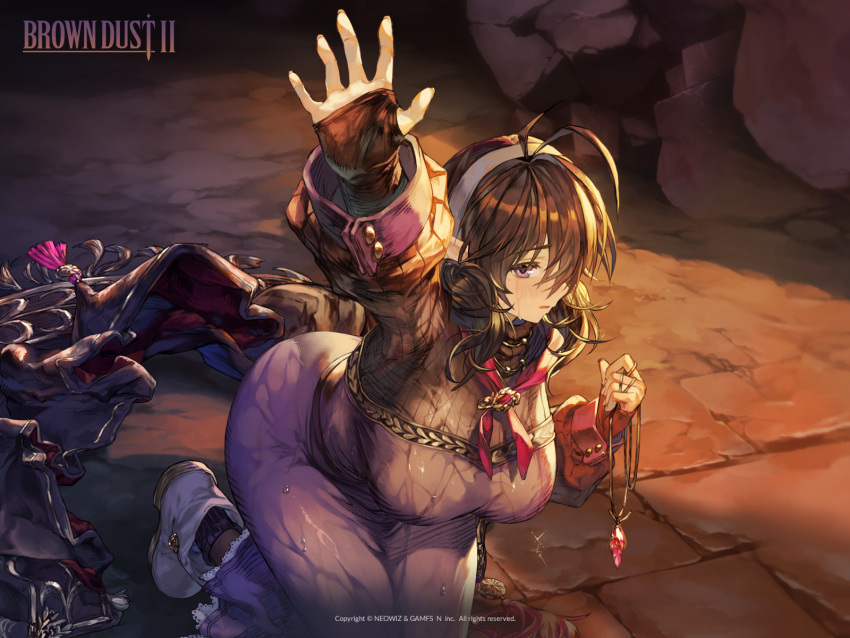 1girl antenna_hair arm_up black_dress black_hair bridal_gauntlets brown_dust_2 copyright_name dress fire_light gem hair_over_one_eye hairband highres holding holding_jewelry jewelry kneeling loen_(brown_dust_2) long_hair looking_at_viewer official_art official_wallpaper open_mouth pendant purple_dress purple_eyes second-party_source solo sweat two-tone_dress unworn_robe very_long_hair wet wet_clothes white_footwear white_hairband