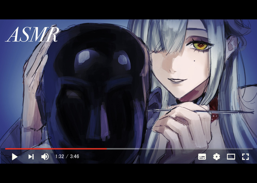 1girl asmr blue_background blue_hair commentary_request dummy eleven_(path_to_nowhere) hair_over_one_eye hands_up highres isakuu letterboxed long_hair looking_at_viewer mimikaki mole mole_on_cheek parted_lips path_to_nowhere red_pupils solo upper_body yellow_eyes youtube