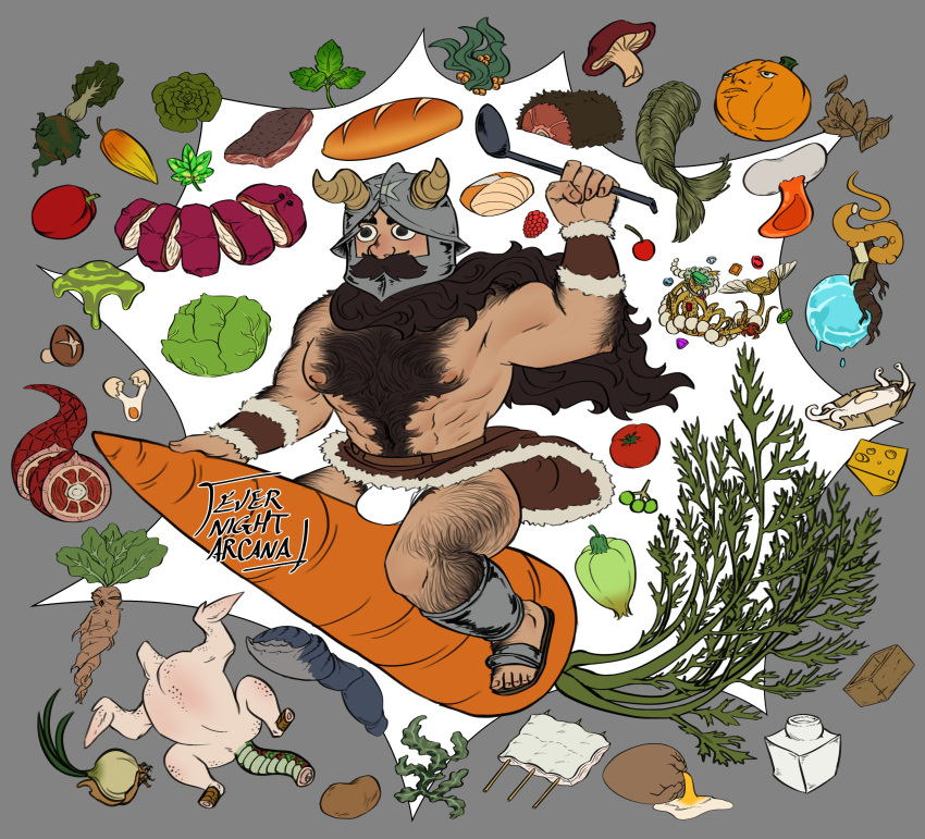 1boy abs absurdres alternate_muscle_size bara beard body_fur bulge bulge_peek cabbage carrot chicken_(food) creature dryad dungeon_meshi dwarf evernight_arcana facial_hair fake_horns food food_focus full_body hairy hand_hair helmet highres horned_helmet horns large_pectorals long_beard looking_ahead male_focus mandrake mature_male muscular muscular_male navel navel_hair nipple_hair nipples object_riding oversized_food oversized_object pectorals pubic_hair pubic_hair_peek pumpkin senshi_(dungeon_meshi) solo stomach thick_arm_hair thick_back_hair thick_chest_hair thick_eyebrows thick_leg_hair thick_mustache thick_navel_hair thighs topless_male undine very_hairy very_long_beard