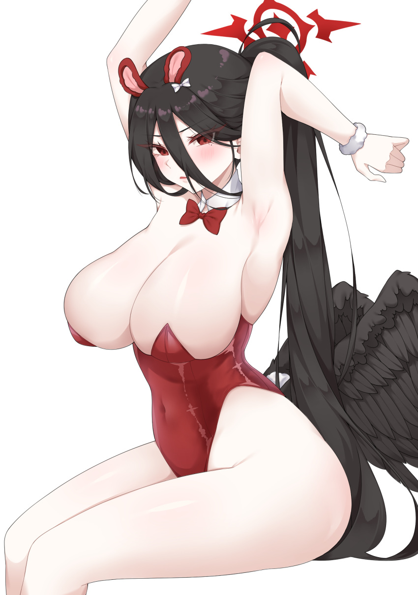 1girl absurdres alternate_costume animal_ears arm_up armpits bare_legs black_hair black_wings blue_archive bow bowtie breasts cleavage detached_collar dr_(slrkwhdma12) fake_animal_ears hair_between_eyes halo hasumi_(blue_archive) highres huge_breasts leotard long_hair looking_at_viewer low_wings playboy_bunny ponytail rabbit_ears red_bow red_bowtie red_eyes red_halo red_leotard simple_background solo white_background wings