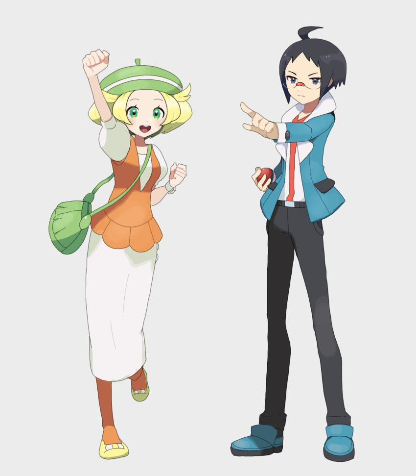 1boy 1girl :d ahoge bag bianca_(pokemon) black_eyes black_hair black_pants blonde_hair blue_footwear blue_jacket cheren_(pokemon) clenched_hand closed_mouth dress eneko_(olavcnkrpucl16a) full_body glasses green_bag green_eyes green_hat hat highres holding holding_poke_ball jacket long_sleeves looking_at_viewer open_mouth orange_pantyhose orange_vest pants pantyhose poke_ball poke_ball_(basic) pokemon pokemon_bw pokemon_bw2 puffy_short_sleeves puffy_sleeves shirt shoes short_hair short_sleeves shoulder_bag smile teeth upper_teeth_only vest white_background white_dress yellow_footwear