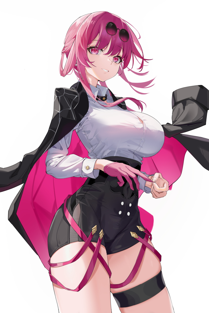 1girl absurdres alternate_breast_size black_jacket black_shorts breasts chinese_commentary collared_shirt commentary_request cowboy_shot eyewear_on_head freeeeeeeeeee glove_pull gloves high-waist_shorts highres honkai:_star_rail honkai_(series) jacket kafka_(honkai:_star_rail) large_breasts long_hair looking_at_viewer open_clothes open_jacket purple_eyes purple_gloves purple_hair round_eyewear shirt short_shorts shorts sidelocks simple_background single_glove skindentation smile solo spider_web_print sunglasses teeth thigh_strap white_background white_shirt