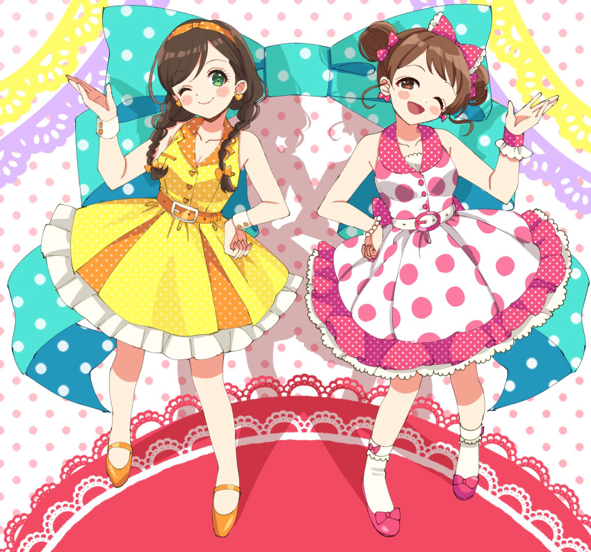 2girls alternate_hairstyle bare_shoulders belt blush bow bracelet braid breasts brown_eyes brown_hair cleavage closed_mouth collarbone dot_nose double_bun dress earrings etou_misaki_(idolmaster) full_body green_bow green_eyes hair_bow hair_bun hair_ribbon hairband hand_on_own_hip hand_up heart heart_earrings high_heels highres idolmaster idolmaster_cinderella_girls idolmaster_cinderella_girls_starlight_stage jewelry long_hair looking_at_viewer low_twintails medium_breasts multicolored_background multiple_girls nagatomi_hasumi one_eye_closed open_mouth orange_belt orange_footwear orange_hairband orange_ribbon pearl_bracelet pink_footwear pink_ribbon pink_wrist_cuffs polka_dot polka_dot_background polka_dot_dress polka_dot_hairband polka_dot_ribbon polka_dot_wrist_cuffs ribbon ribbon_earrings short_hair sleeveless sleeveless_dress smile socks standing sukoyaka_(100hituzi) twin_braids twintails two-tone_dress white_belt white_socks white_wrist_cuffs wrist_cuffs