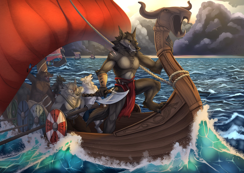 2021 absurd_res akira_volfsar anthro boat canid canine canis clothed clothing digital_media_(artwork) group hi_res male mammal vehicle water watercraft wolf