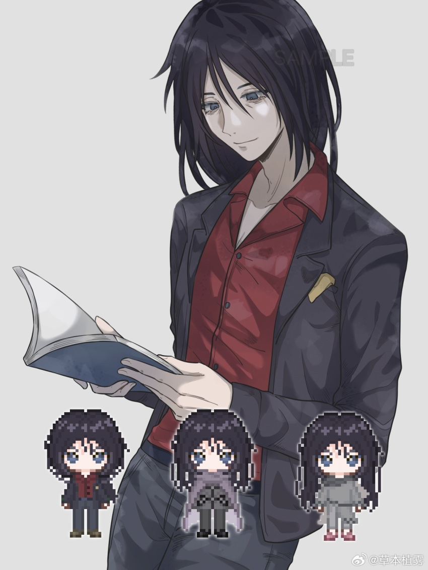 6141146680 black_hair black_pants blue_eyes cowboy_bebop grencia_mars_elijah_guo_eckener grey_background hair_between_eyes highres pants pixel_art red_shirt shirt simple_background smile