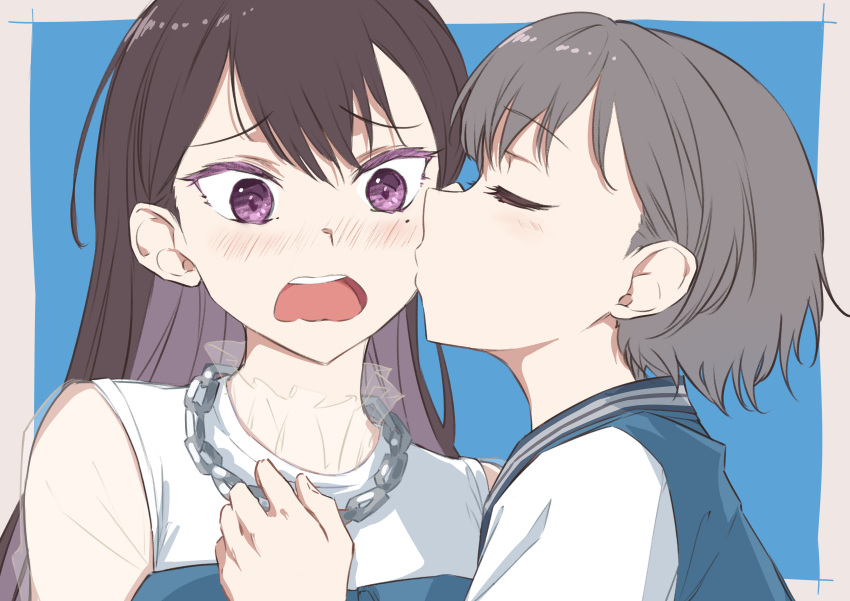 2girls absurdres bang_dream! bang_dream!_it's_mygo!!!!! blush brown_hair chain chain_necklace closed_eyes colored_eyelashes commentary dress flustered grey_hair hair_behind_ear highres jacket jewelry kiss kissing_cheek letterman_jacket long_hair mole mole_under_eye multiple_girls necklace open_mouth purple_eyes raito_taisha see-through see-through_sleeves shiina_taki short_hair surprised takamatsu_tomori teeth two-tone_background upper_teeth_only yuri