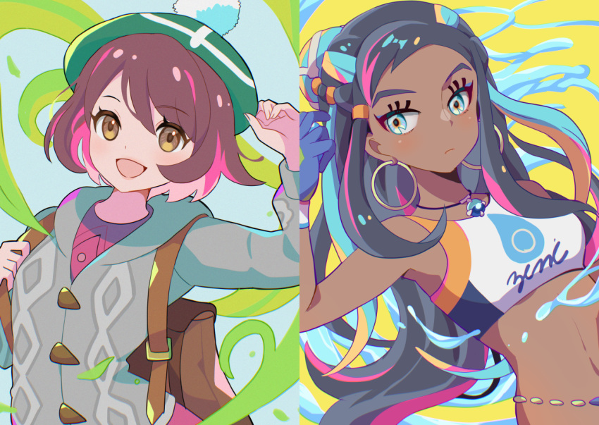 2girls backpack bag black_hair blue_eyes blue_gloves bra brown_eyes brown_hair earrings gloria_(pokemon) gloves green_hat hat jewelry long_hair looking_at_viewer medium_hair mizuiro123 multiple_girls nessa_(pokemon) open_mouth pokemon pokemon_swsh sports_bra sweater underwear