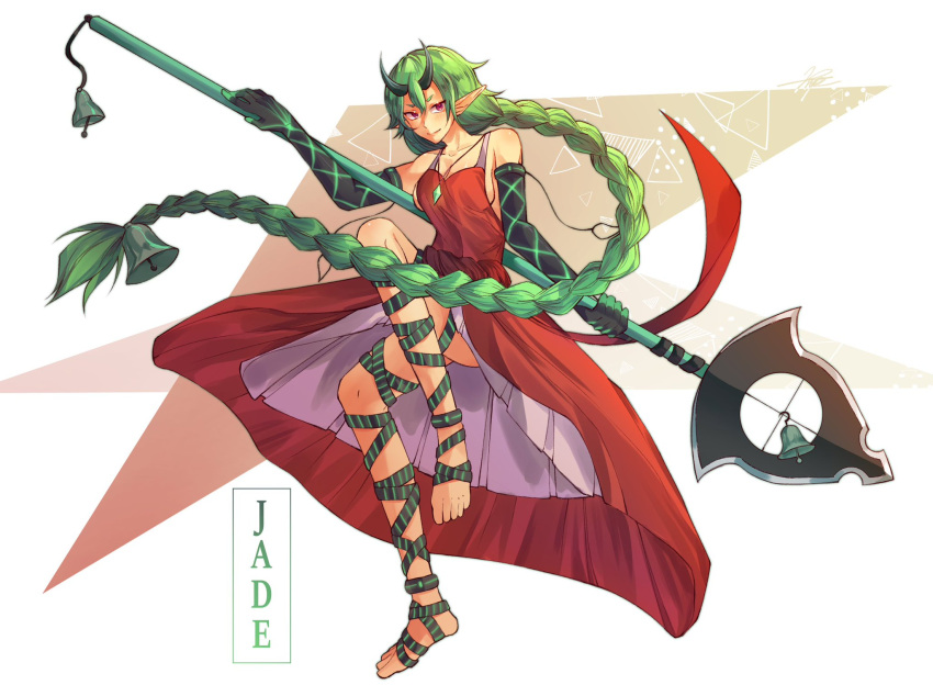 1girl anklet bandaged_foot bandaged_leg bandages bare_legs bare_shoulders barefoot bell braid breasts collarbone commission demon_girl demon_horns detached_sleeves dress elbow_gloves english_commentary feet fighting_stance gem gloves green_gemstone green_hair hair_bell hair_ornament highres holding holding_polearm holding_weapon horns jade_(boltclash) jewelry kairostier long_hair original pointy_ears polearm purple_eyes red_dress second-party_source sideboob single_braid solo standing standing_on_one_leg toes very_long_hair weapon white_background