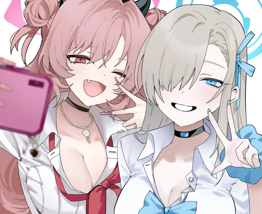 2girls asuna_(blue_archive) black_choker blue_archive blue_eyes blue_halo blue_nails blue_ribbon blue_scrunchie blush breasts cellphone choker cleavage collared_shirt dantyou2525 double_bun fang fingernails grin hair_bun hair_over_one_eye hair_ribbon halo highres holding holding_phone jewelry kirara_(blue_archive) large_breasts light_brown_hair long_fingernails long_hair multiple_girls nail_polish necklace open_mouth phone pink_eyes pink_hair pink_halo pink_nails ribbon scrunchie shirt simple_background smartphone smile v white_background white_shirt wrist_scrunchie