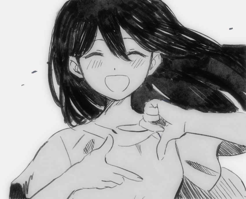 1girl ^_^ black_hair blush closed_eyes dress erimageru grey_background hair_behind_ear hair_between_eyes hands_up long_hair mari_(faraway)_(omori) mari_(omori) monochrome multiple_girls omori open_mouth short_hair smile solo spoilers upper_body wind