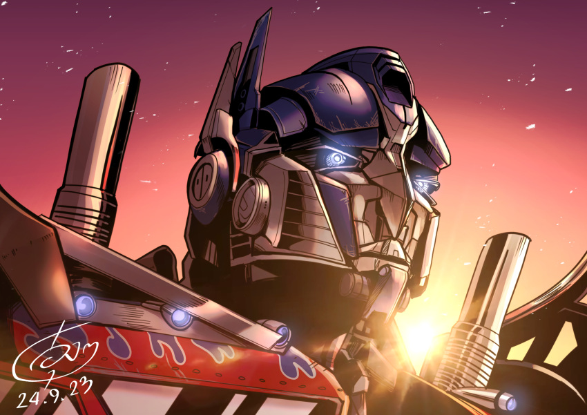 1ongget autobot blue_eyes glowing glowing_eyes helmet highres humanoid_robot mecha mecha_focus no_humans optimus_prime robot science_fiction smokestack sunset transformers transformers_(live_action) upper_body