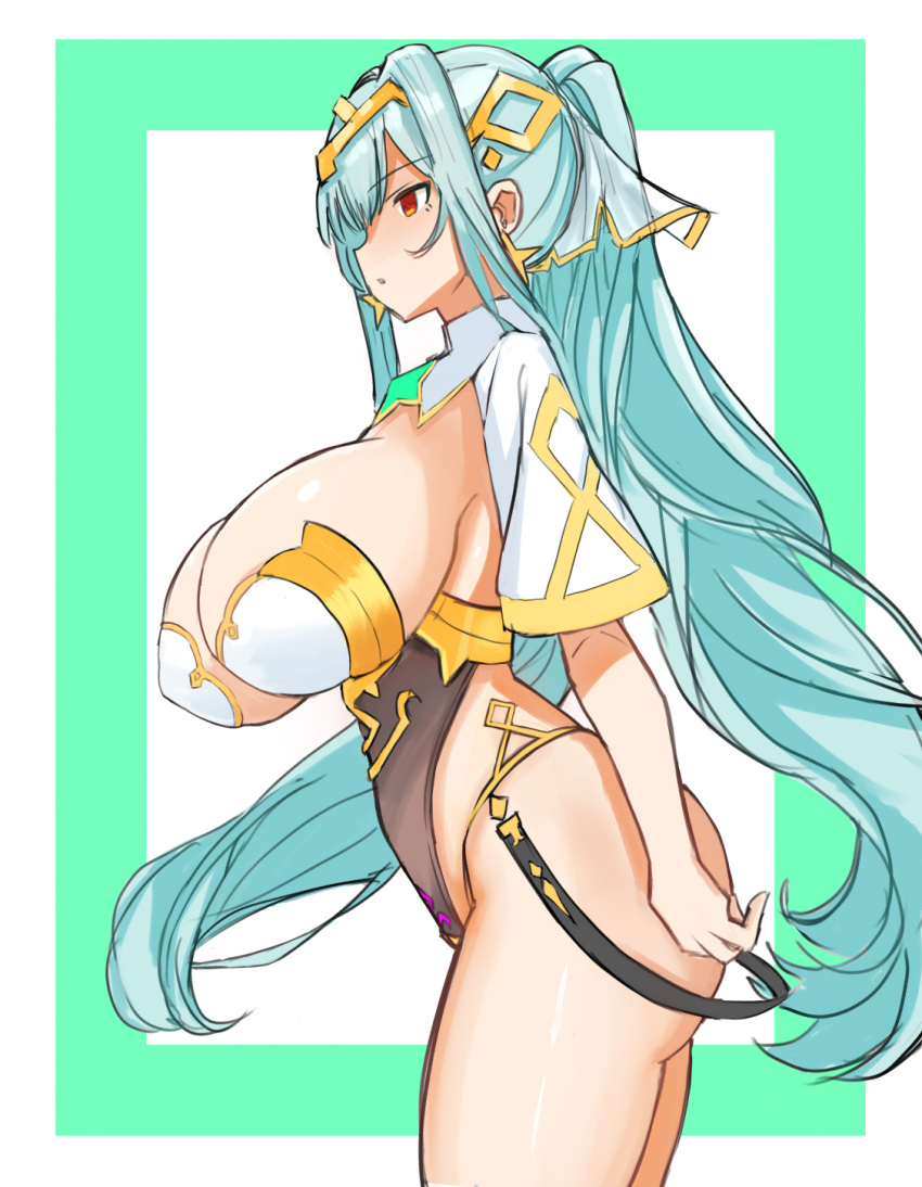 1girl aqua_hair arms_at_sides border breasts cowboy_shot epic_seven expressionless from_side gold_trim hair_between_eyes hair_intakes hair_ornament highres huge_breasts leaning_forward leotard long_hair outside_border parted_lips red_eyes rein_(rafael_3682) revealing_clothes roana_(epic_seven) solo thighs twintails very_long_hair