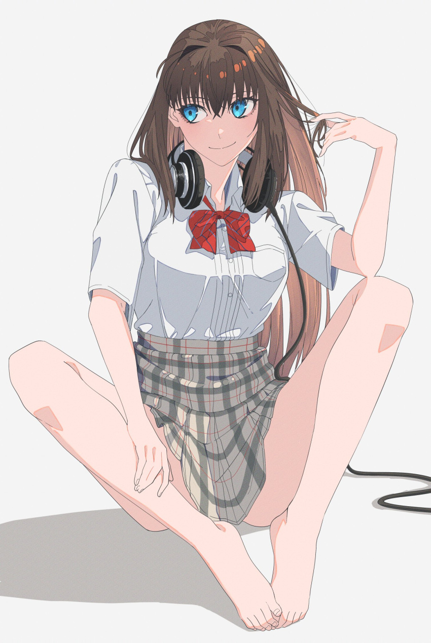 1girl anianiani0607 aozaki_aoko bare_legs barefoot blue_eyes blush bow bowtie breasts brown_hair closed_mouth collared_shirt crossed_bangs eyelashes feet grey_background hair_between_eyes hair_intakes hand_on_own_leg hand_up headphones headphones_around_neck high-waist_skirt highres knees_apart_feet_together knees_up legs long_hair looking_to_the_side mahou_tsukai_no_yoru medium_breasts plaid plaid_skirt pleated_skirt red_bow red_bowtie school_uniform shadow shirt short_sleeves sidelocks simple_background sitting skirt smile solo thighs toenails toes white_shirt