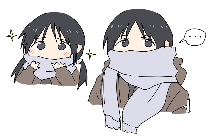 ... 1girl black_eyes black_hair brown_coat chito_(shoujo_shuumatsu_ryokou) coat covered_mouth grey_scarf highres looking_at_viewer multiple_views scarf shoujo_shuumatsu_ryokou simple_background sparkle speech_bubble tobippi twintails upper_body white_background