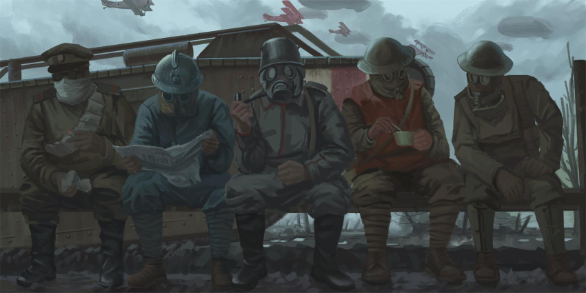 aircraft airplane ankle_boots bandolier bench biplane boots cigarette cloud cup dark dirigible gaiters gas_mask gloves goggles hat helmet highres holding holding_cup holding_newspaper mask military_uniform military_vehicle motor_vehicle newspaper original outdoors peaked_cap puttee reading shouhui_lang_qun sitting sky soldier tank teacup triplane uniform vest war world_war_i