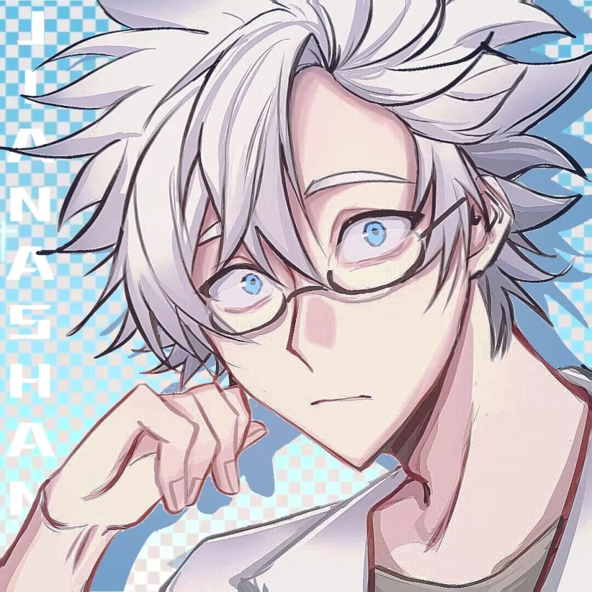 1boy blue_eyes brown_shirt chinese_commentary closed_mouth commentary_request constricted_pupils glasses hair_between_eyes hand_up kanou_aogu lab_coat male_focus open_clothes portrait saibou_shinkyoku semi-rimless_eyewear shirt short_hair solo white_hair yan_jin_(iziyinqingtongdidiyo)