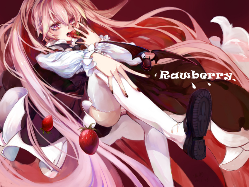 1girl bat_(animal) black_dress black_footwear black_nails character_name crossed_legs dress food frilled_dress frilled_sleeves frills fruit funamusea haiiro_teien hair_between_eyes highres holding holding_food kae_hokora long_hair open_mouth panties pink_eyes pink_hair pointy_ears rawberry_preserves red_background red_eyes shoes simple_background solo strawberry striped_clothes striped_panties thighhighs underwear white_thighhighs wings