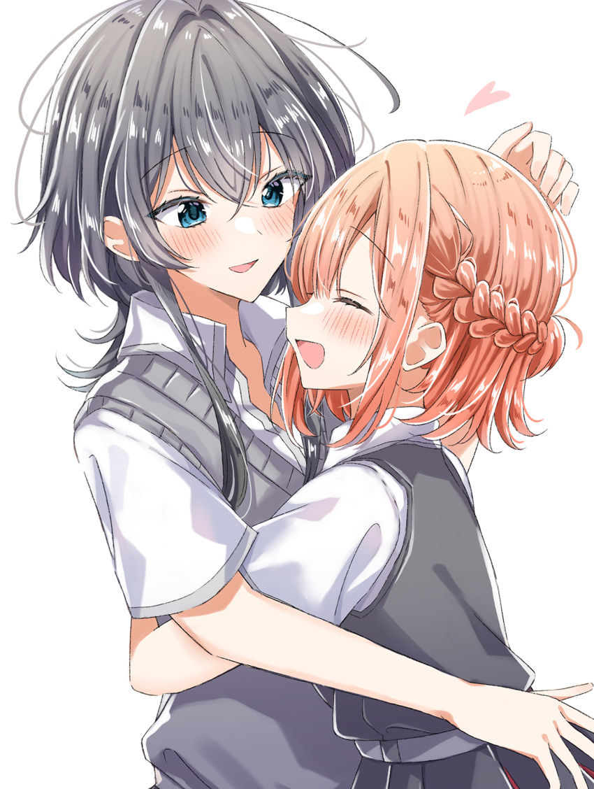 2girls asanagi_yori black_dress black_hair blue_eyes blush closed_eyes collared_shirt commentary dress english_commentary grey_sweater_vest half_updo heart highres hug kino_himari long_hair medium_hair multiple_girls open_mouth orange_hair pinafore_dress sasayaku_you_ni_koi_wo_utau shirt short_sleeves simple_background sleeveless sleeveless_dress smile sweater_vest white_background white_shirt yunagi_(yng_hoti) yuri