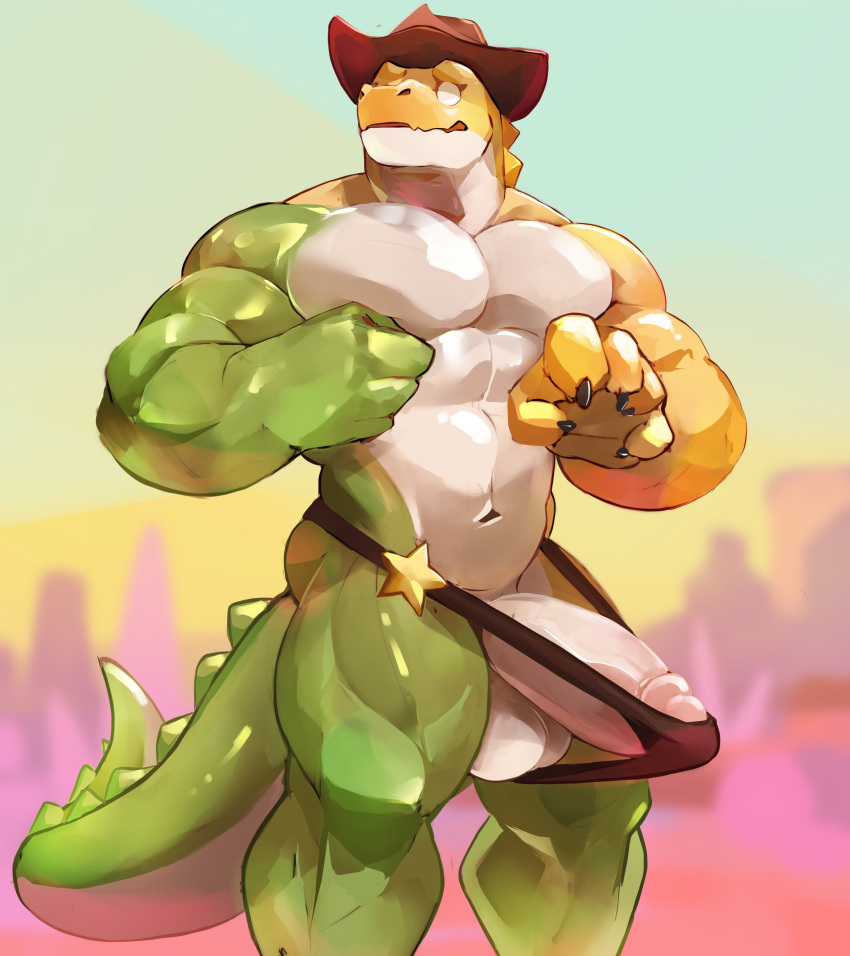 absurd_res alligator alligatorid anthro balls barely_contained barely_contained_penis big_penis candy clothing crocodilian dessert food food_creature genitals glitch_productions green_body gummigoo_(tadc) gummy_(food) gummy_creature hat headgear headwear hi_res living_candy makowolf1 male muscular muscular_anthro muscular_male penis reptile scalie solo tail the_amazing_digital_circus yellow_body