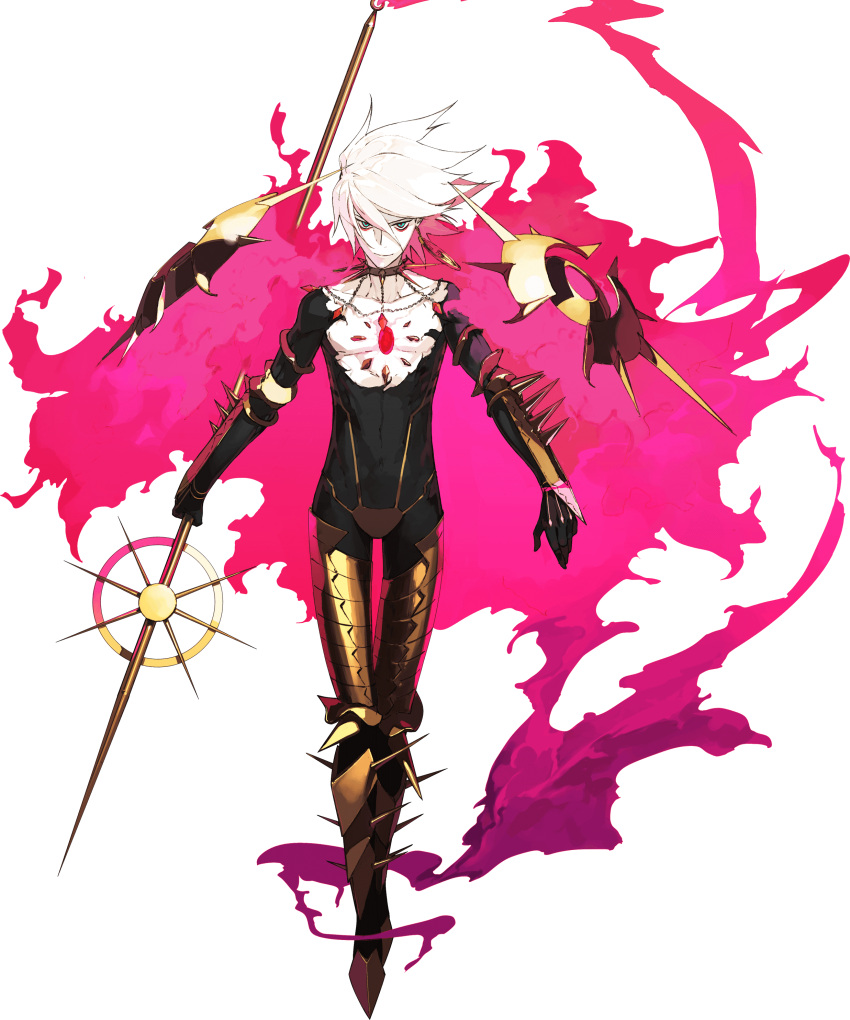 1boy absurdres armor armored_boots bishounen black_bodysuit blue_eyes bodysuit boots cape chest_jewel collar colored_skin earrings eyeshadow fate/grand_order fate_(series) full_body fur_cape game_cg gold_armor gold_earrings gold_necklace greaves highres holding holding_polearm holding_weapon jewelry karna_(fate) looking_at_viewer makeup male_focus necklace noble_phantasm_(fate) non-web_source official_art pako_(pakosun) pale_skin polearm red_eyeshadow short_hair smile solo spear spiked_collar spikes tachi-e transparent_background vasavi_shakti_(fate) weapon white_hair white_skin